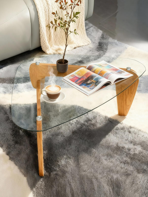 Triangle Tempered Glass Coffee Table with Wood Legs