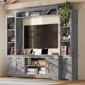 98" Farmhouse Entertainment Center with Fireplace, TV Stand & Barn Doors