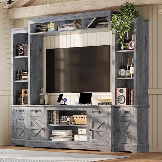 98" Farmhouse Entertainment Center with Fireplace, TV Stand & Barn Doors