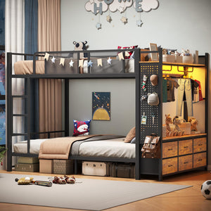 Metal Bunk Bed with Storage, LED Lights & Power Outlet