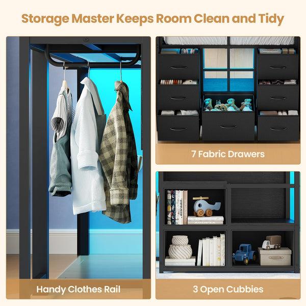 Kids Low Loft Bed Twin with Stairs, LED Lights & Storage