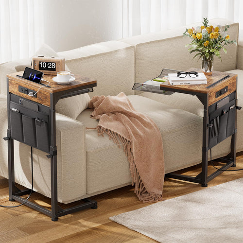 C-Shaped End Table with Charging Station & Storage