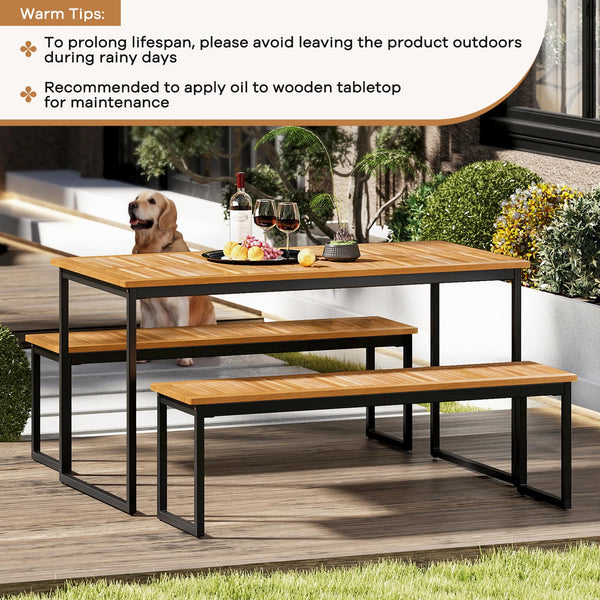 Acacia Wood Outdoor Dining Bench with Metal Legs