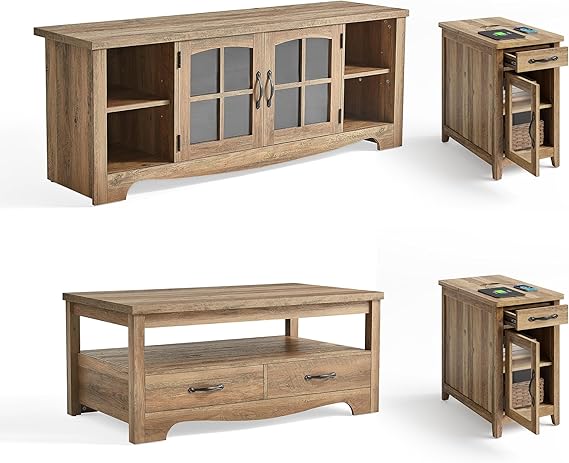 Farmhouse Living Room Table Set 4-Piece with TV Stand, Coffee Table & End Tables