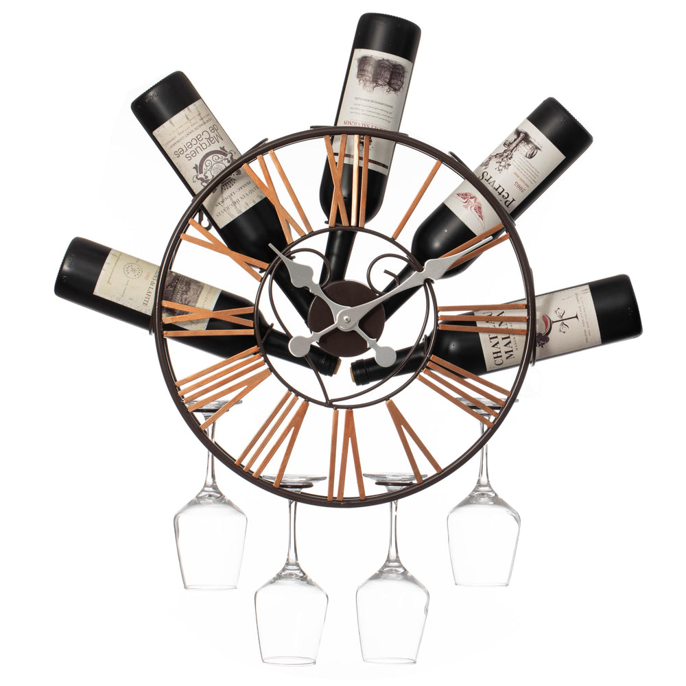 Wall-Mounted Clock Wine Rack with Stemware Holder