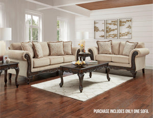 3-Seat Chenille Sofa with Carved Wood Frame