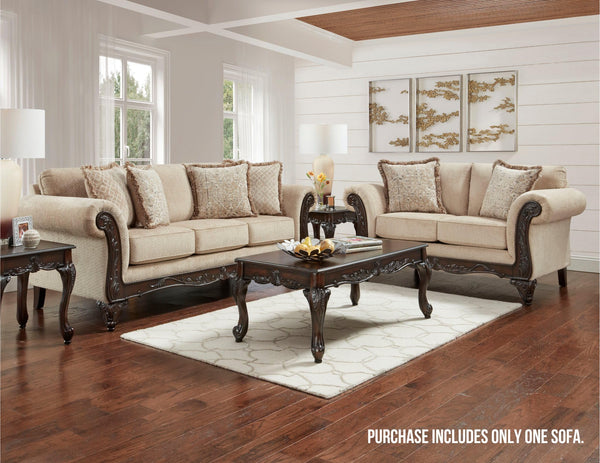 3-Seat Chenille Sofa with Carved Wood Frame
