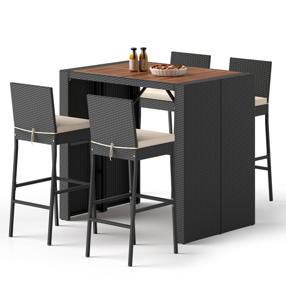 5-Piece Outdoor Wicker Bar Set with Acacia Wood Table & Cushioned Stools