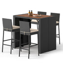5-Piece Outdoor Wicker Bar Set with Acacia Wood Table & Cushioned Stools
