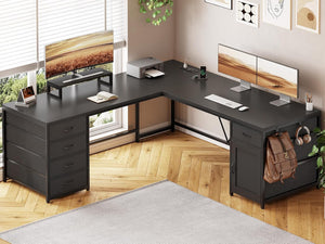 L-Shaped Computer Desk with Drawers, Monitor Shelf & Power Outlet