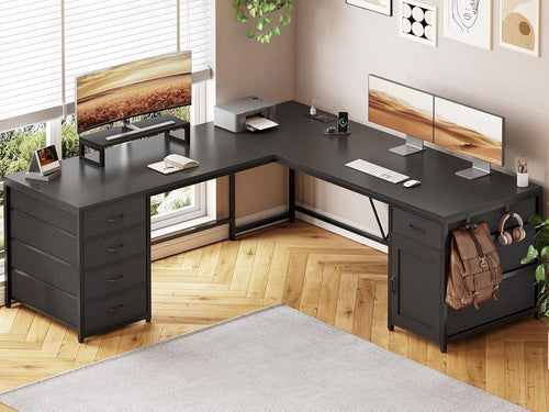 L-Shaped Computer Desk with Drawers, Monitor Shelf & Power Outlet