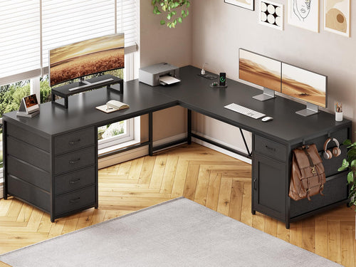 L-Shaped Desk with Drawers, Power Outlet & Monitor Shelf