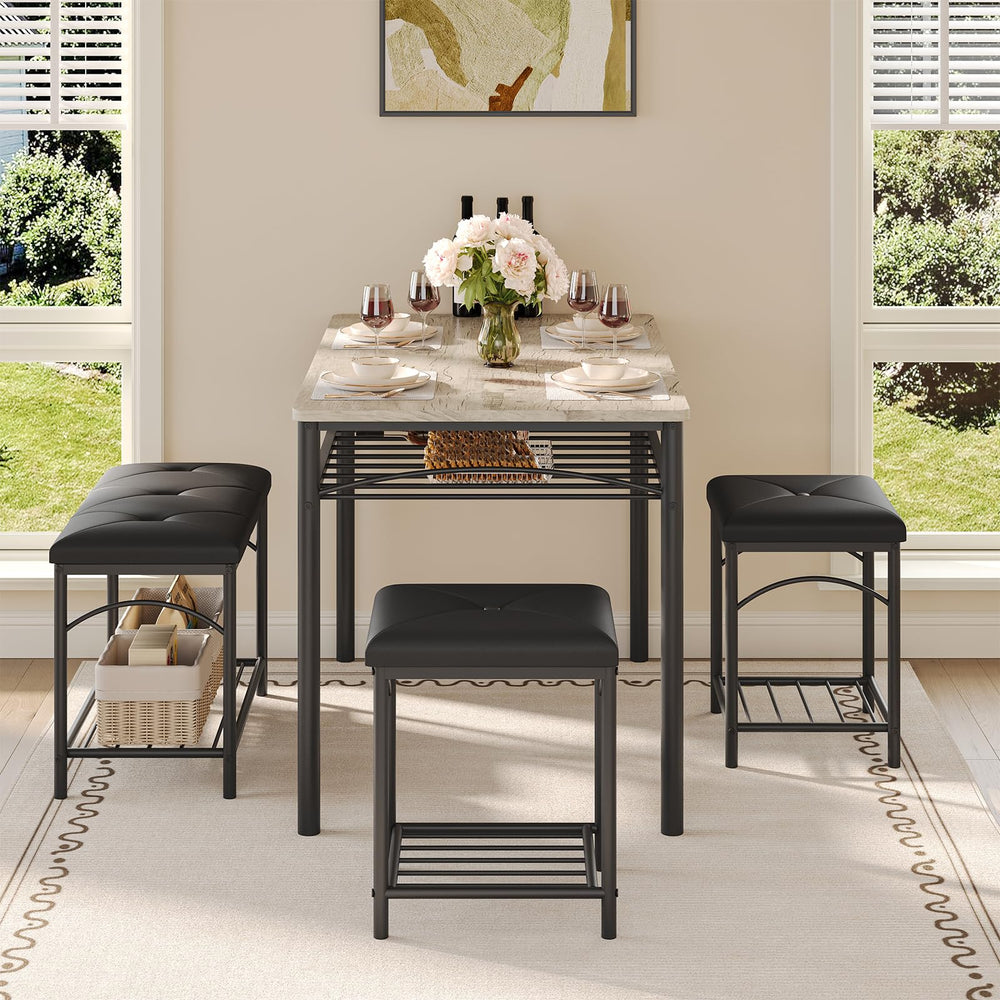 Dining Table Set for 4 with Benches & Stools