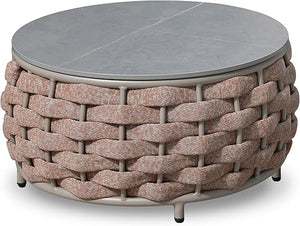 Round Woven Rope Outdoor Coffee Table with Sintered Stone Top