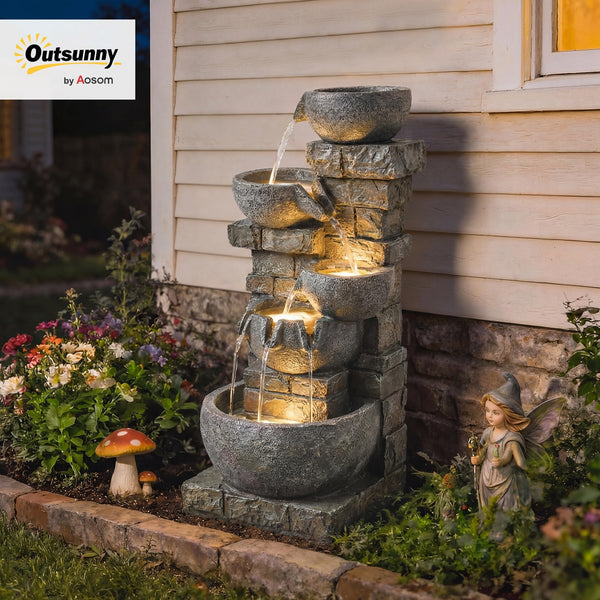 Outdoor Water Fountain with LED Lights – 5-Tier Cascading Waterfall, 31.5" Tall, Stone Gray
