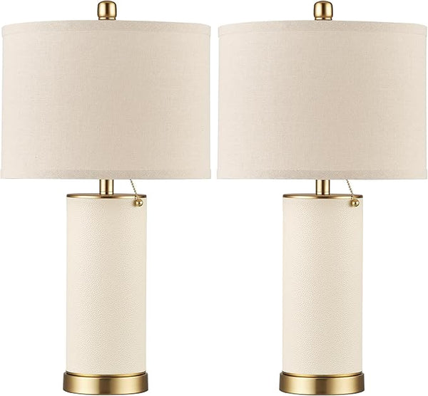 PU Leather Table Lamp Set of 2 with Beige Fabric Shade