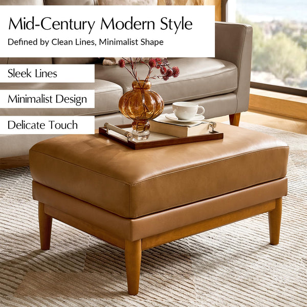 Genuine Leather Ottoman Coffee Table with Solid Wood Legs
