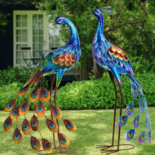 Metal Peacock Garden Statues – Set of 2