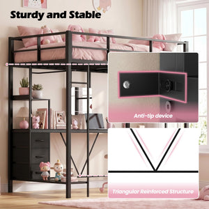 Twin Loft Bed with Desk, Vanity & Storage Drawers