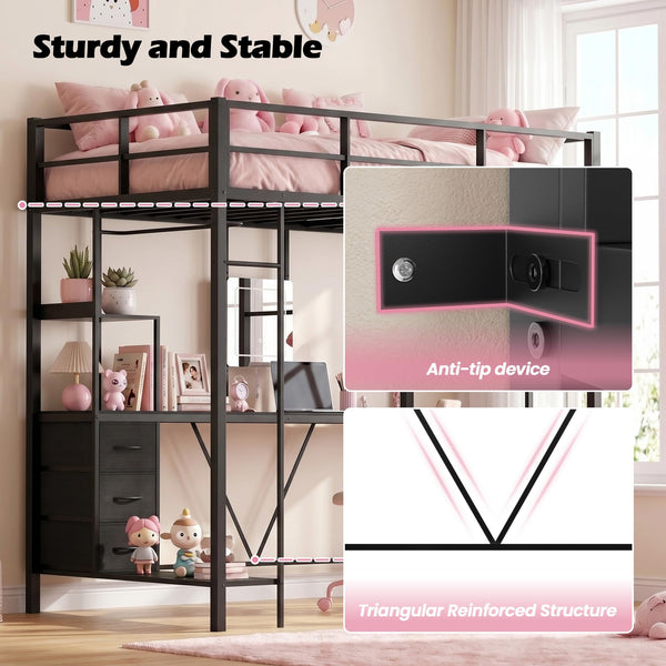 Twin Loft Bed with Desk, Vanity & Storage Drawers