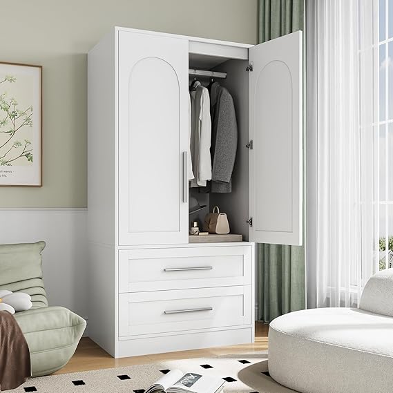 Freestanding Wooden Wardrobe with 2 Doors & 2 Drawers