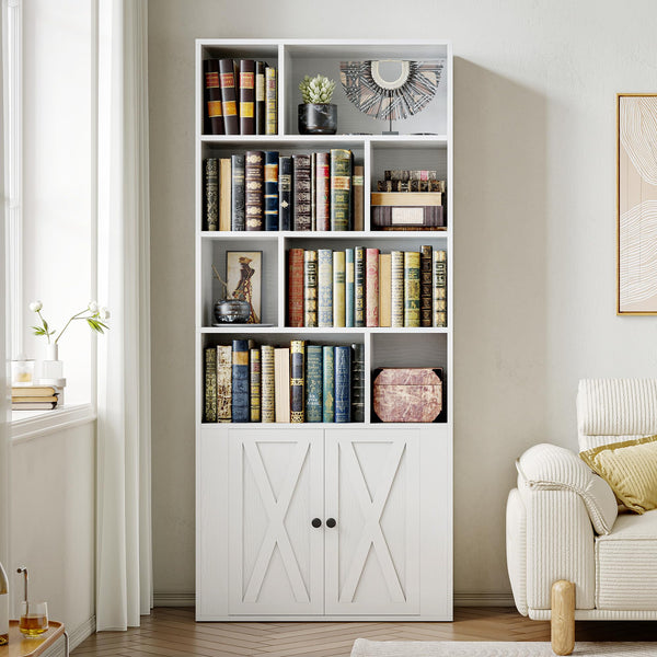 Industrial Bookcase with Doors & Open Cubes – 4-Tier, 70" Tall
