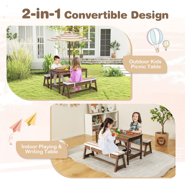 Kids Outdoor Wooden Picnic Table & Bench Set with Umbrella