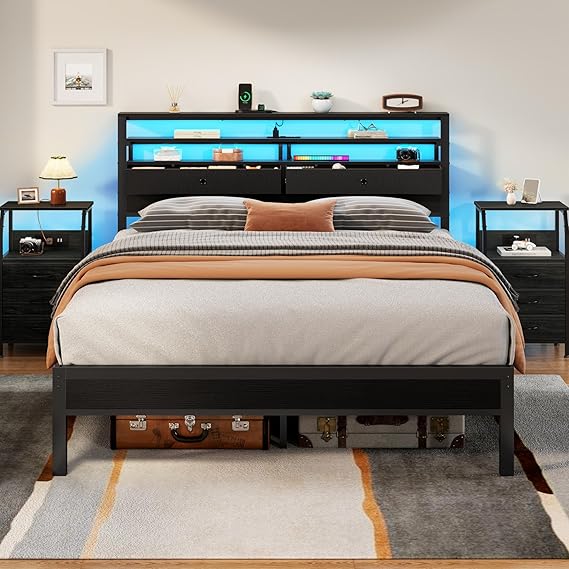 Full Size Platform Bed Frame with LED Lights, Charging Station & Storage Drawers