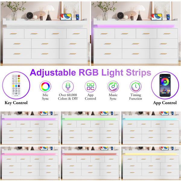 10-Drawer Dresser with Power Outlet and LED Light