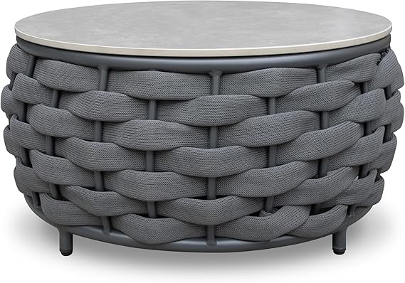 Round Woven Rope Outdoor Coffee Table with Sintered Stone Top