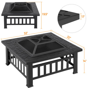 Square Metal Fire Pit 32-Inch Outdoor Wood Burning Firepit