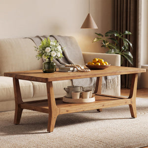 Solid Wood Coffee Table with 2-Tier Shelf & Rounded Corners