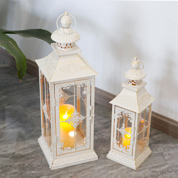 Vintage Metal Candle Lanterns Set of 2 – Indoor Outdoor Hanging Lanterns with Tempered Glass