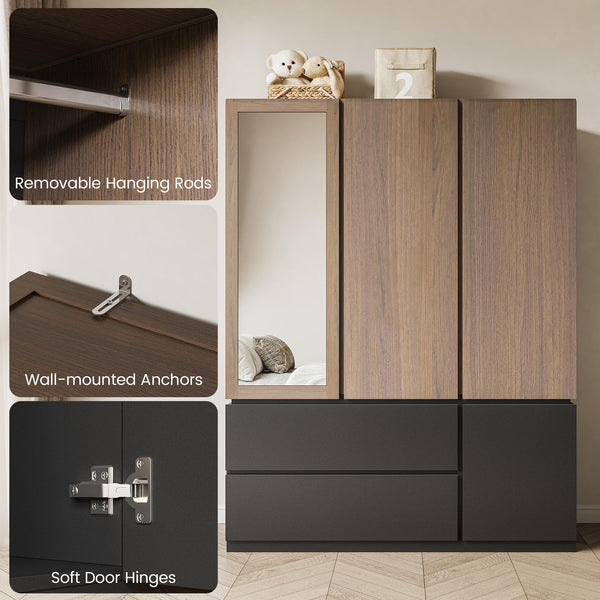 3-Door Wardrobe Armoire with Mirror & Drawers