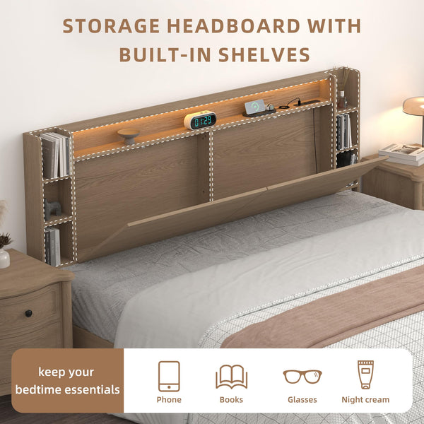 Headboard with Shelves, Charging Station & LED Light
