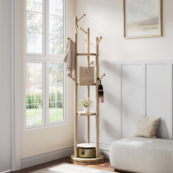 Freestanding Rotating Wood Coat Rack with Shelves and Hooks
