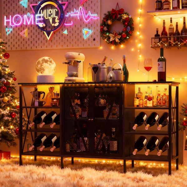 Rustic Wine Bar Cabinet with Wine Rack, Glass Holder & LED Light