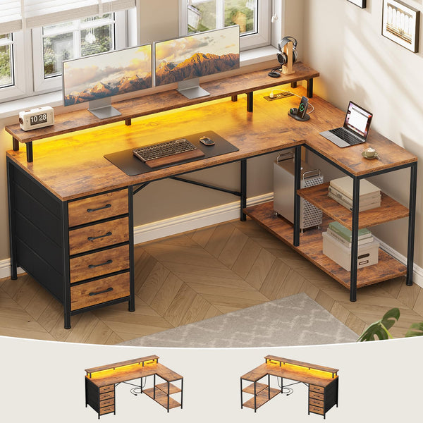 L-Shaped Desk with Drawers, LED Lights & Power Outlets