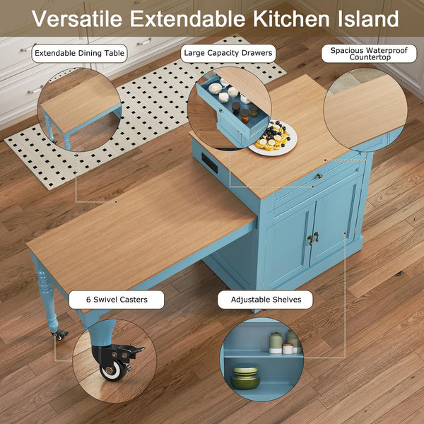 Extendable Kitchen Island with Charging Station & Storage