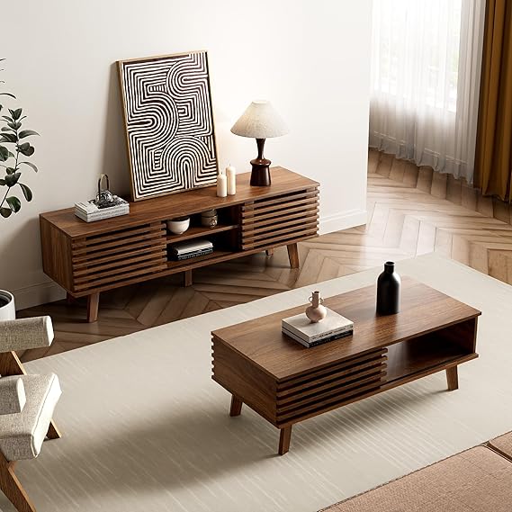 Living Room Table Set with Sliding Door Storage