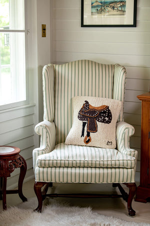 Hand-Hooked Wool Western Saddle Throw Pillow 18x18 – Brown & White