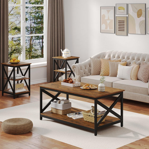 Industrial X-Design Coffee Table Set of 3 with Storage