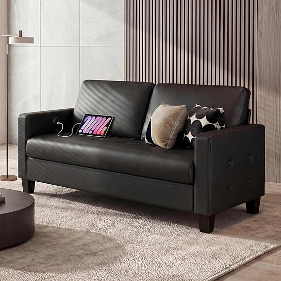 Black Faux Leather Tufted Sofa with USB Charging