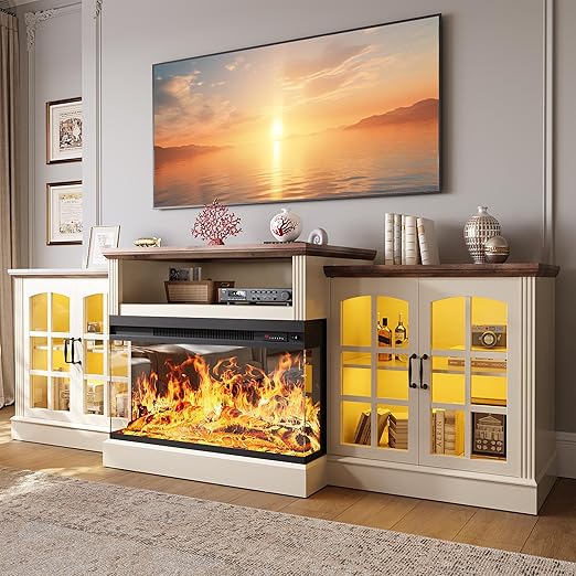 97" Farmhouse Fireplace TV Stand with 3-Sided Electric Fireplace & Storage Cabinets