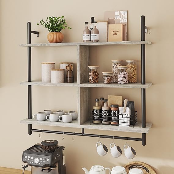 3-Tier Wall Mounted Floating Pipe Shelf with Hooks