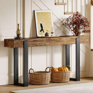 63-Inch Console Table with Solid Wood Top & Metal Legs