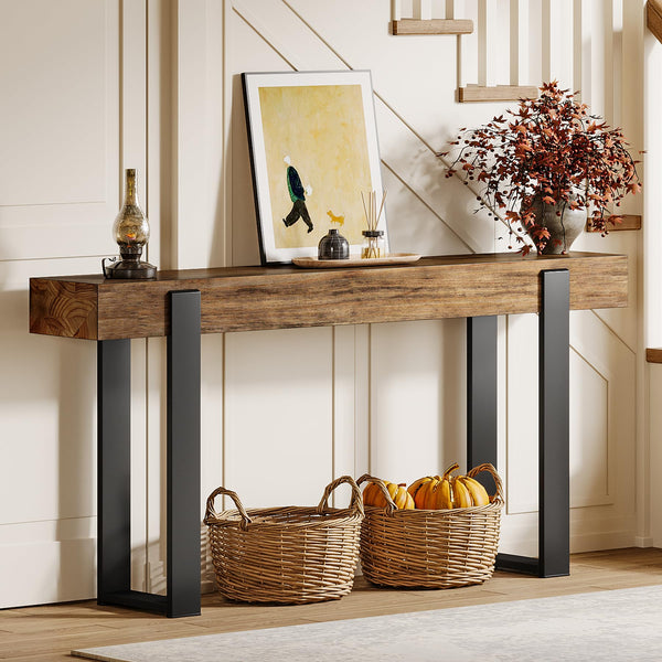 63-Inch Console Table with Solid Wood Top & Metal Legs