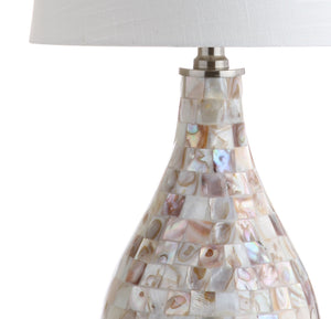 Seashell Coastal Mini LED Table Lamp with White Linen Drum Shade