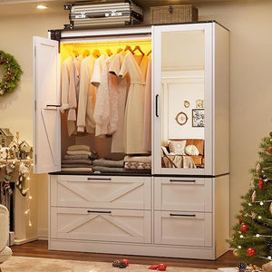 Sliding Barn Door Wardrobe Closet with Mirror & Sensor Lights