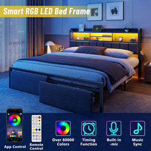 Platform Bed Frame with LED Lights, Storage Drawers & Charging Station